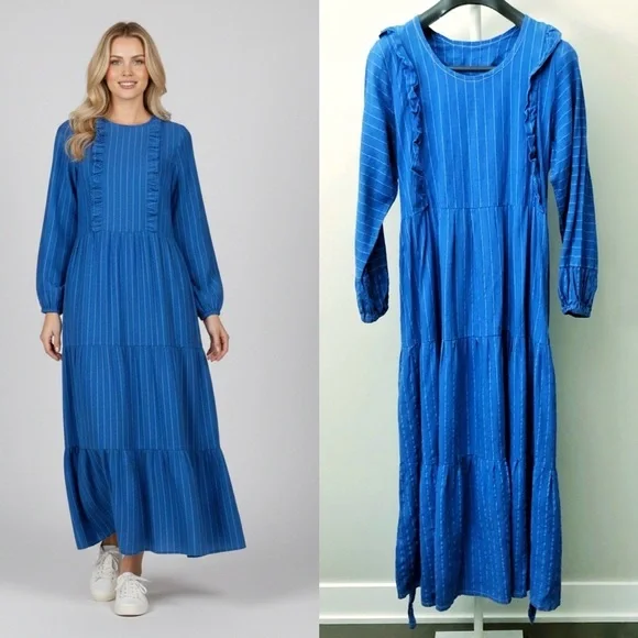 Vintage Oversized Boho Babydoll Navy Blue Stripes Casual Loose Fit Maxi Dress.XL - Picture 16 of 16